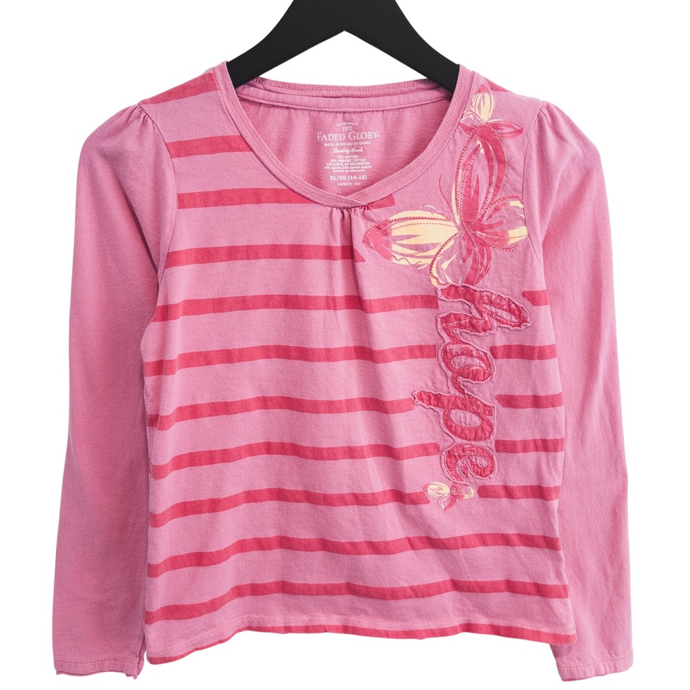 Faded Glory Long Sleeve Shirt Girls XL 14-16 Pink Striped Butterfly Casual